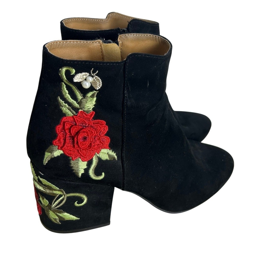 Qupid Ankle Boots Women 10 Black Floral Embroidered Rose Pearl Bee Romantic dark